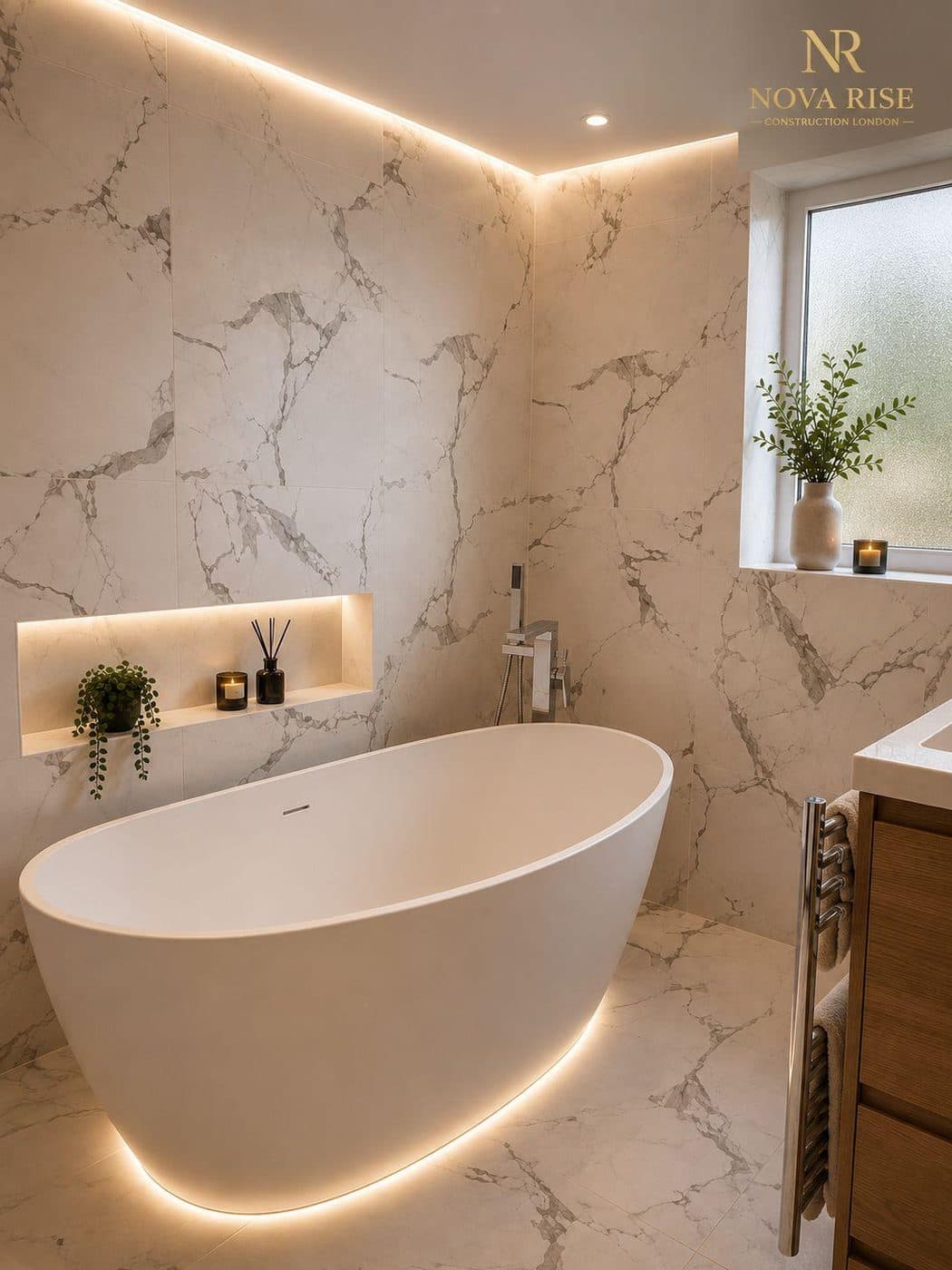 Marble bathroom with a freestanding bath and brass fittings